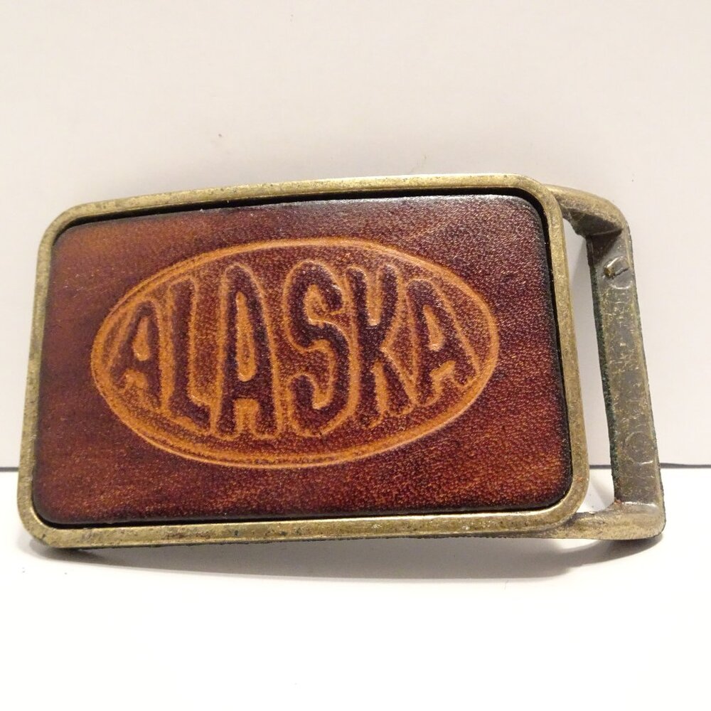 Vintage Alaska Leather Metal Belt Buckle Western Classic  Measures 3"x2"